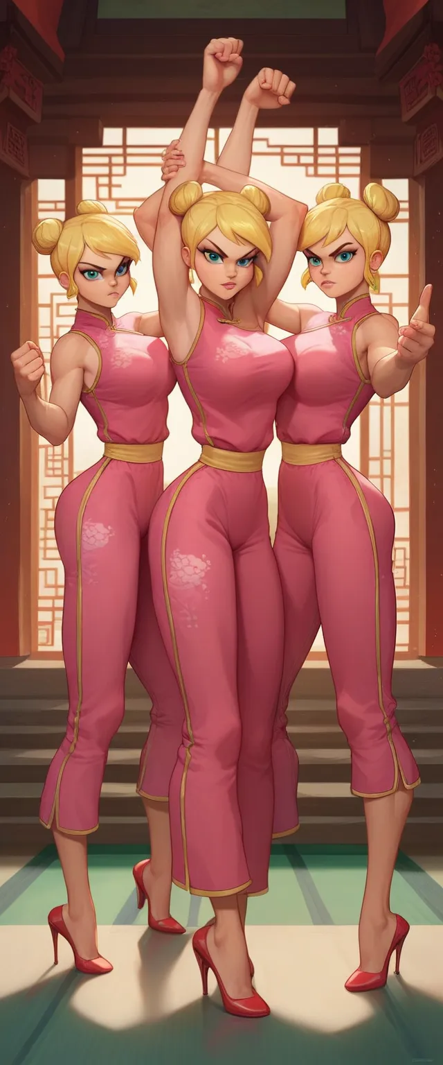 lola loud, 3girl, trio, 24yo girl, large breasts, pink cheongsam,  inside of a chinese temple, looking at viewer, blonde hair, two hair buns , hands  score_9, score_8_up, score_7_up, high heels, teep fighting stance,martial arts, triplets