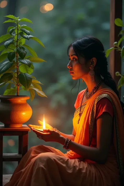 A woman is sitting near the tulsi stage with a lamp in her hand