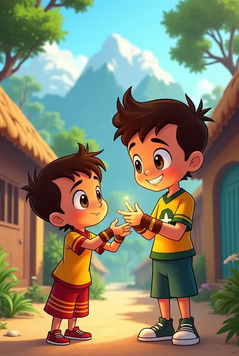 Curiosity about Omnitrix
Chhota Bheem, looking curiously at Ben 10’s glowing Omnitrix on his wrist, while Ben smiles proudly. The background shows a vibrant village scene with trees, huts, and Dholakpurs mountains.