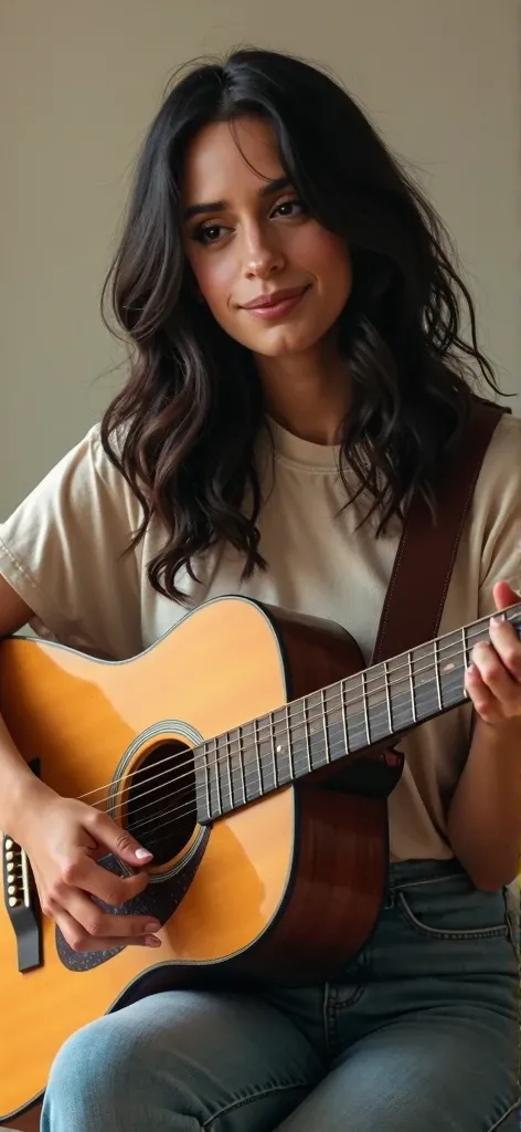 Camila Cabello playing the guitar realistic version, with normal clothes 