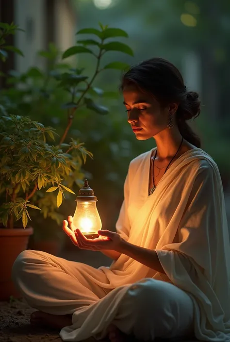 A woman with a lamp in her hand sits near the tulsi stage during the day