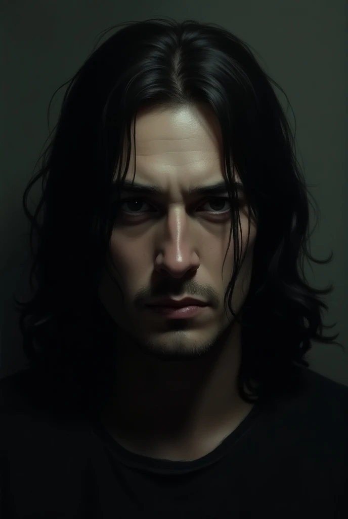  Man with long black hair with sad eyes and olive eyes, drawing darck  