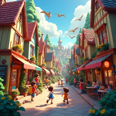 a 3d pixar disney style movie poster, a busy neighborhood with families, squares with a skate park and pubs, extremely detailed, beautiful cinematic lighting, colorful vibrant palette, whimsical fantastical, intricate detailed architecture, warm cozy atmos...