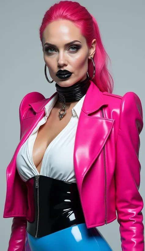 angelina jolie, vue de deux, latex brillant, dominatrice, chemisier en latex blanc, serre taille latex noir, costume jupe crayon en latex bleu, ceinture latex noir, veste courte futuriste en latex rose fluo, larges épaulettes en latex rose fluo, cuissardes...