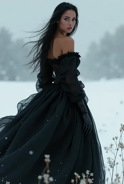 half body portrait of, majestic, light brown women, in black dress, in a snowy field, dramatic lighting