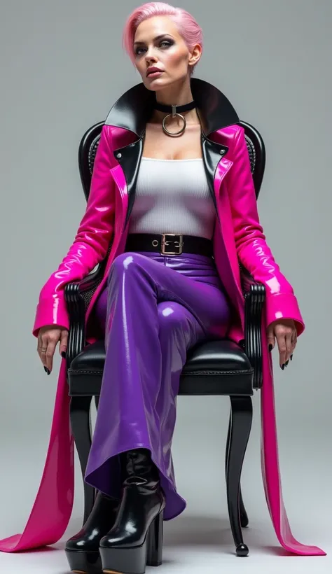 angelina jolie, assise sur un fauteuil jambes croisées, vue de profil, latex brillant, dominatrice, chemisier en latex blanc, serre taille latex noir, long jupe crayon en latex violet, ceinture latex noir, futuriste veste courte en latex rose fluo, larges ...