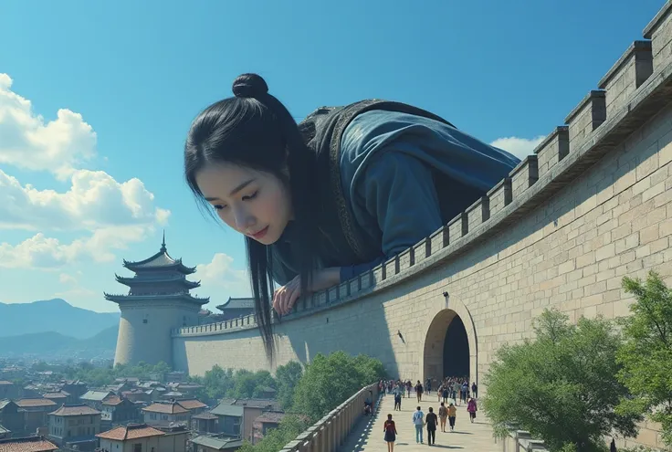 A black-hair colossal Chinese female giantess beauty standing beside a city wall, leaning forward with her arms resting on the top of the wall, looking down at the tiny inhabitants inside the city. The perspective is from the viewpoint of the small people ...