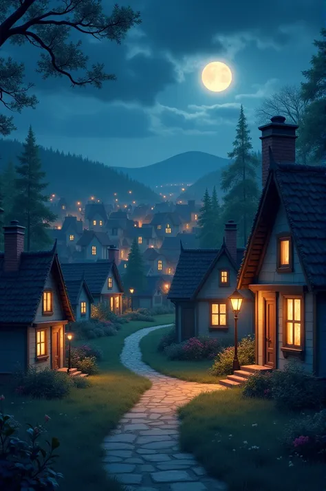 A village scene at night background is fill with " home "