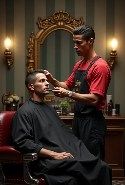 "Generate a hyper-realistic image of Cristiano Ronaldo, wearing his team football jersey, skillfully cutting a customers hair in a classic, vintage-style barbershop. The scene should capture fine details like the barber tools in his hands, the expressions ...