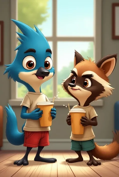 Mordecai and rigby wearing T-shirts with a short trouser and holding a cup with his hand