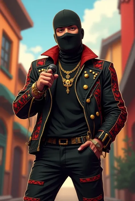 Create an animated character with balaclavas , Cholo , with jewels, designer clothing ,  a microphone and that looks like the singer of the group Fuerza Regida 