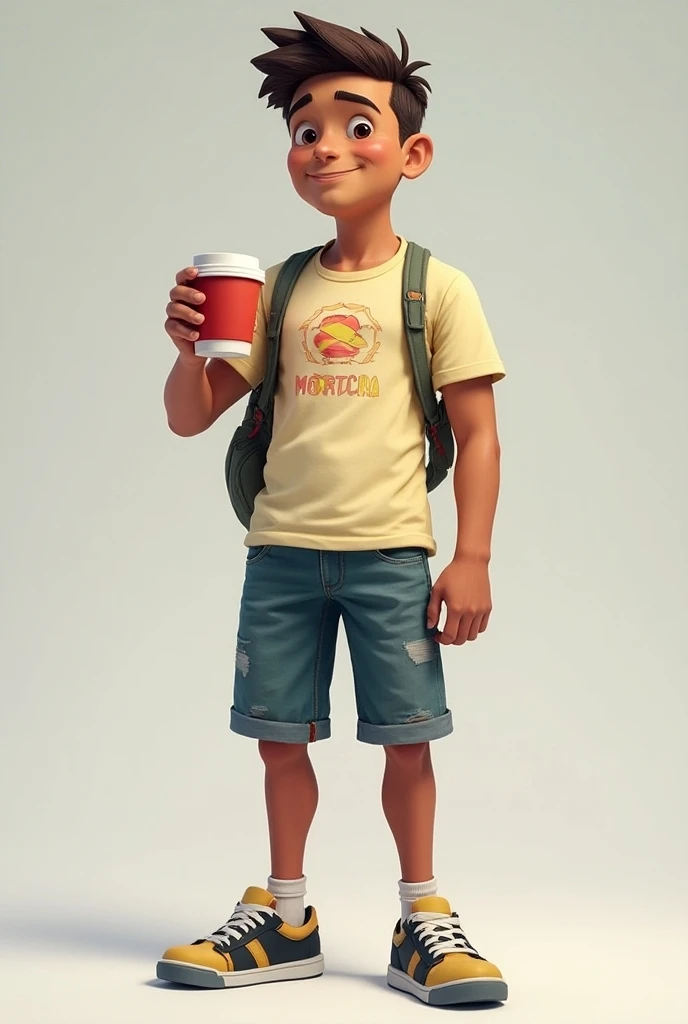 Mordecai wearing T-shirts with a short trouser and holding a cup with his hand