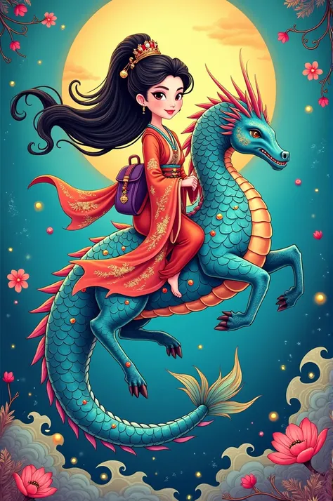  Create a bright colorful cartoon tarot card illustration , close-up of an incredibly beautiful Chinese goddess with a backpack on her shoulders rides on a sea horse with gems in the style of Tarot Waite-Smiths Tarot Tarot Tarot Tarot Tag