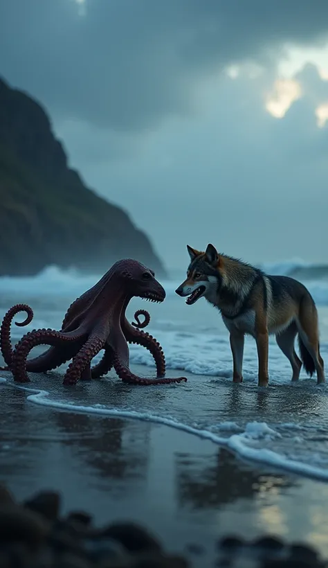 Create an intense face-off between an octopus and a wolf, both in aggressive, confrontational stances. The octopus should be in shallow water, its tentacles spread wide and writhing, with sharp, intense eyes glaring at the wolf. The wolf stands at the edge...