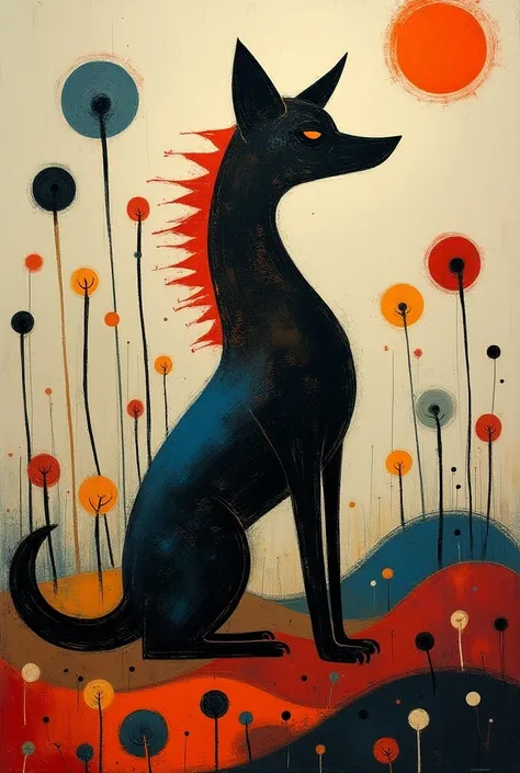 wolf created with joan miró style, abstract, vibrant colors, surrealist, detailed brushwork, dynamic composition, 32k resolution, artistic masterpiece by joan miró, surrealism, dreamlike, energetic, unique interpretation