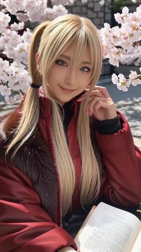 Anime, Girl alone, blonde,  side ponytail pointing up with your right hand, red eyes, Fur clothing,  sitting,  look up ,  blanking in books, smile, Cherry blossoms in the background