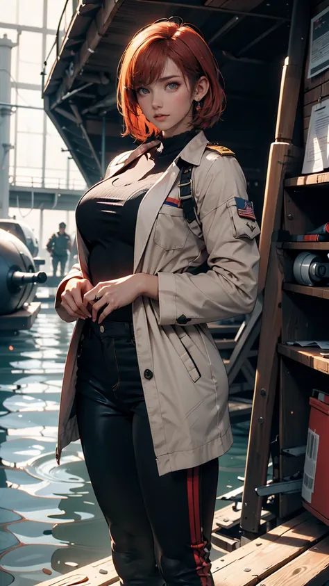 Strange resolution ,  high resolution on down, (masterpiece: 1.4), Super detailed,   black submarine at the weapons testing ground, One young woman,  Short Red Hair , Dressed in soldier&#39;s clothes, Very serious expression