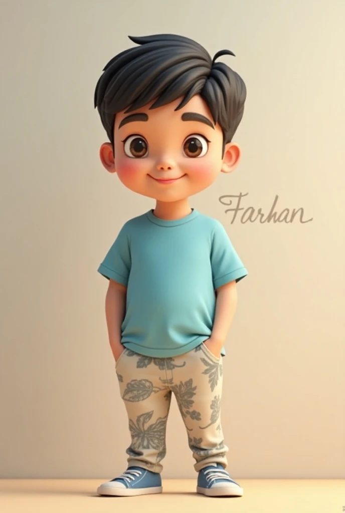 Draw a 3D illustration of  boy. He is wearing a sky blue t-shirt half and half pant. Colour of his face is white medium. Farhan is written in his background.