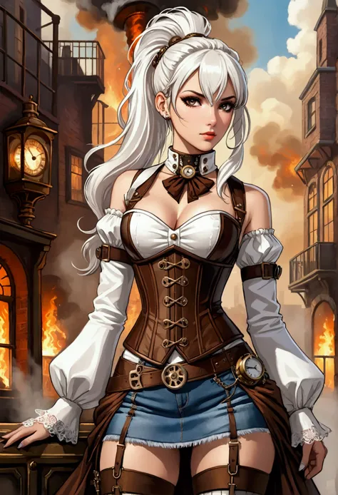 A sexy and beautiful ((steampunk girl)), ((white fringe + ponytail hairstyle)), ((brown corset)), ((jeans skirt)), fishnets, ((elaborate white hairstyle)), 