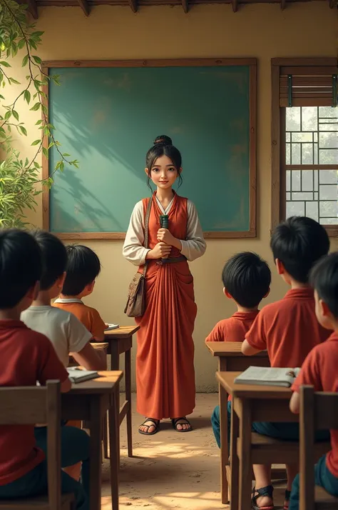 Generate me an Ai pic of A teacher teaching student subject English in a village where they are sitting in old desk and and in a classroom and some village students 