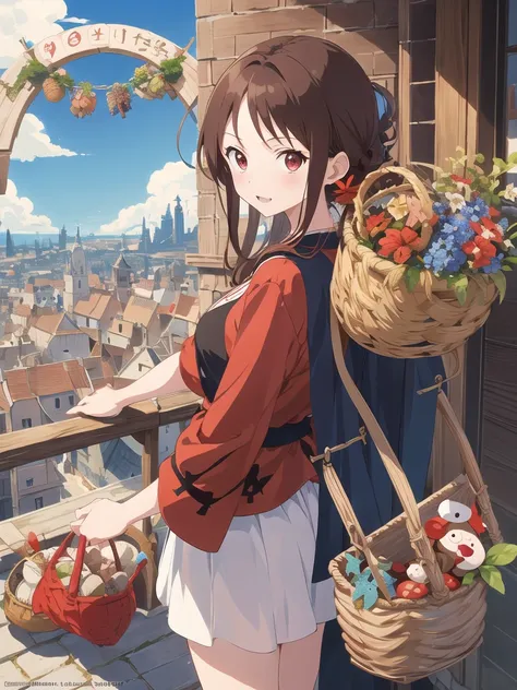 Brown Hair、 Red Eyes、Villager、one piece、カゴを持つ、 medieval cityscape with basket、blue sky、 1 girl, 