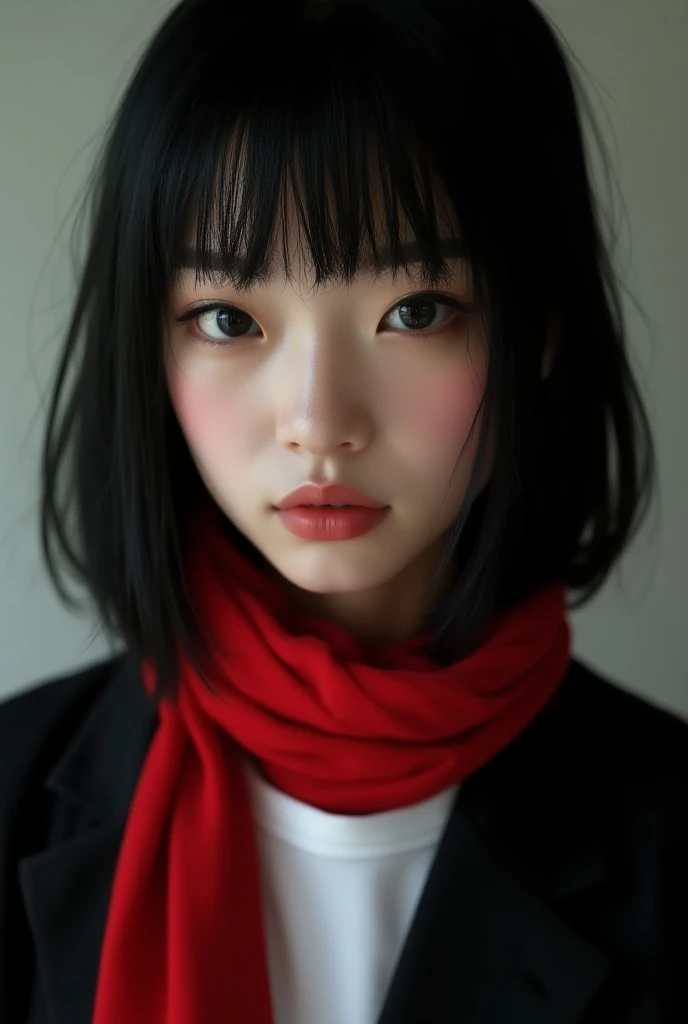 (photorealism:1.2) A Japanese looking Mongolian girl with middle lenght hair and bangs looking towards you with douyin makeup, black hair black eyes  and an unbuttoned black jacket red scarf with white T-shirt underneath 