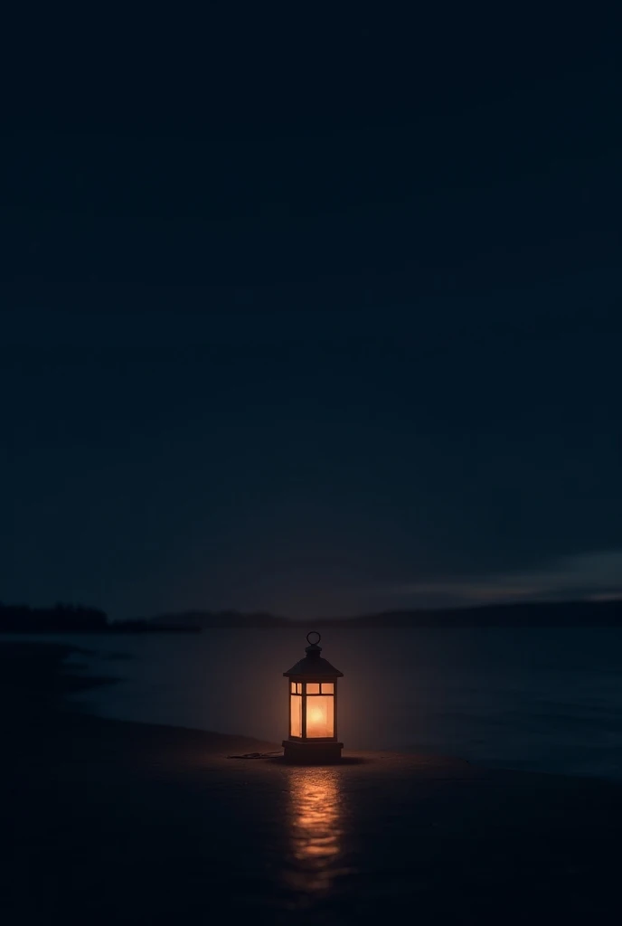 A lit lantern on the shore shining bright on a dark starless night