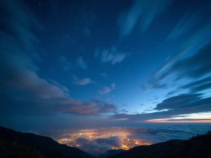 In the vast night sky, the flowing layers of clouds stretch endlessly like rippling waves, while the village lights below resemble twinkling stars, weaving a stunning night scene that feels like stepping into a dream.