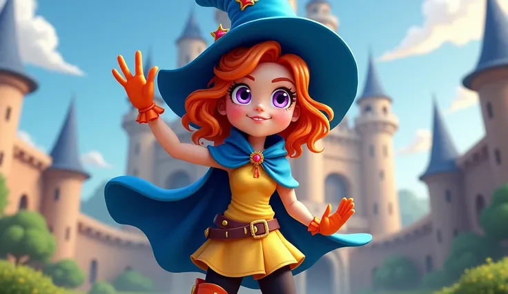 「 energetic girl 、 has orange wavy hair and purple eyes Im here。 wears a large blue wizard hat 、 also wears a blue cloak 。Wears a yellow tunic 、 has a waist tightened with black tights and a belt 。 wears orange gloves on her hands 、 wears orange boots arou...