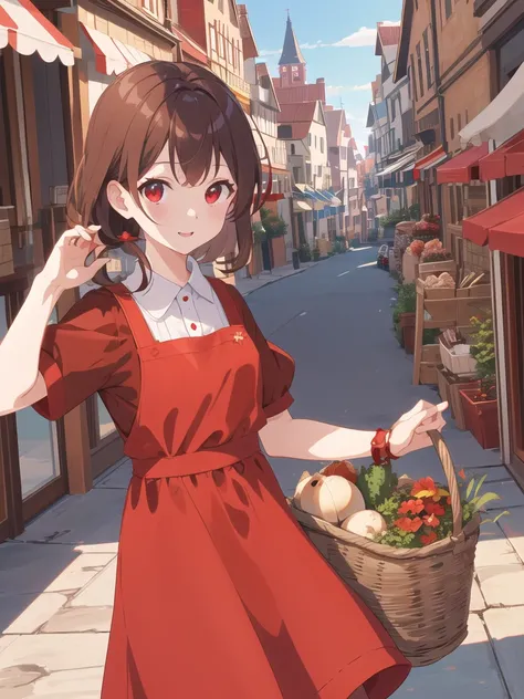 Brown Hair、 Had、 Red Eyes、Villager、 red dress with basket、apron、カゴを持つ、 medieval cityscape with basket、blue sky、 1 girl, 