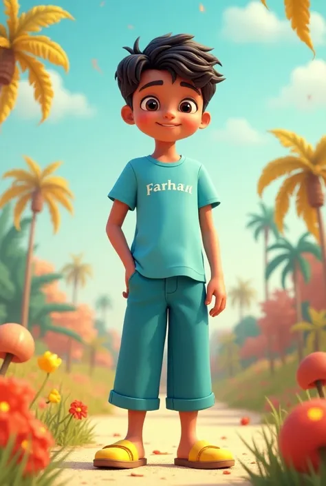 Draw a 3D illustration of  boy. He is wearing a half sky blue t-shirt and blue half pant. Colour of his face is neither white nor black. Farhan is written in his background. He is wearing a slipper of yellow colour.