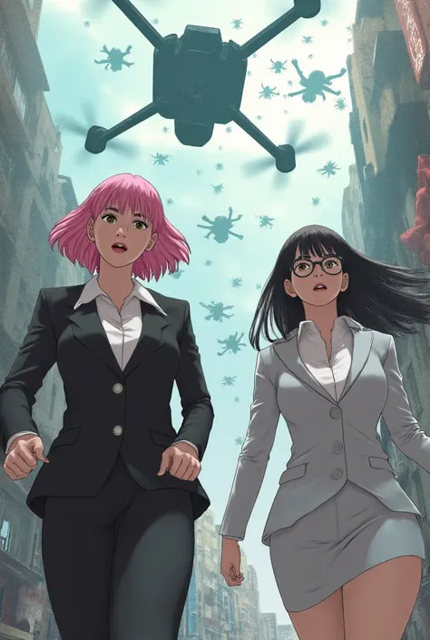 (Highest quality), Two girls are running in hurry, (the first girl has pink short hair, wearing black business suit and tight skirt), (the second girl has long black hair, wearing eye-glass, wearing white business suit and tight skirt), they look being fri...