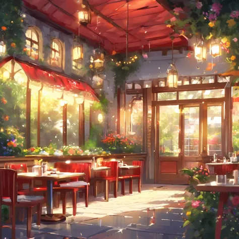  forest， Stylish red roof and white wall cafe with splendid doors 、 and the lights are on ，There is a flower field at the back of the cafe ，立派な扉がついている，flower，Minuet,cute,masterpiece,  rich colors,Best Quality, official art,  Fantasy,colorful, Small restaur...