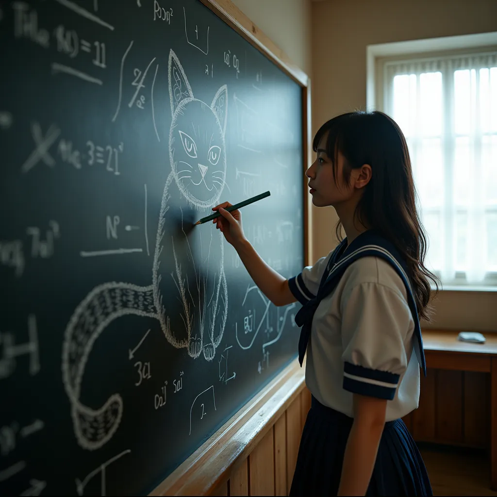 ultra-realistic, photorealistic, dramatic scene, shadow, global-illumination, solo, (20 years old Japanese famous idol girl:1.5), very beautiful fragile Japanese girl, very beautiful with very cute but boyish cool face, she is Japanese high school student, wearing Japanese high school sailor uniform, at high school classroom, She draws very realistic cat on a large blackboard using only chalk, window with curtain, A magnificent work using the blackboard as a canvas, many difficult integral formulas for mathematics are on the blackboard,