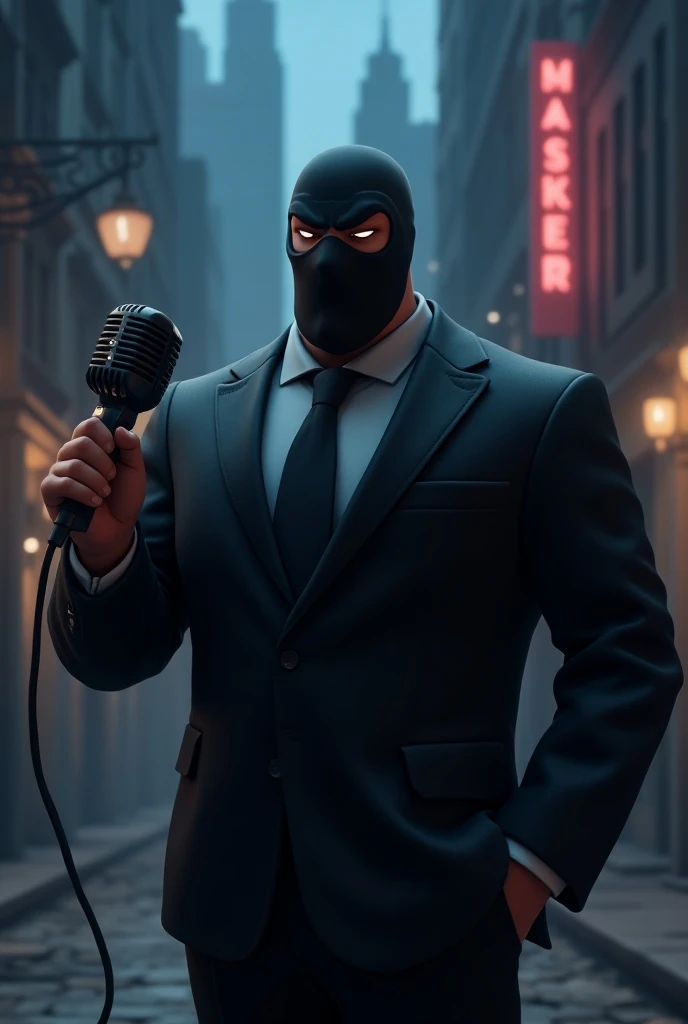 Create an animated mobster character with balaclavas and a microphone 