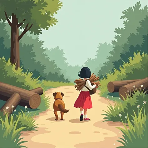 Create an illustration of a quiet forest edge scene with a young girl and her dog gathering firewood. The girl, dressed in a red skirt and white top, carries a bundle while the dog stands beside her. They walk along a dirt path with a few fallen logs and b...