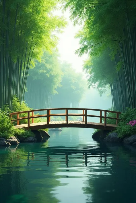 (photorealism:1.2), Generate an image where it is closely connected to nature. Put a bridge where you can see immediately in front of you if you can cross and under the bridge and there is a lake. Add bamboo trees, plants and . Make it easy to draw