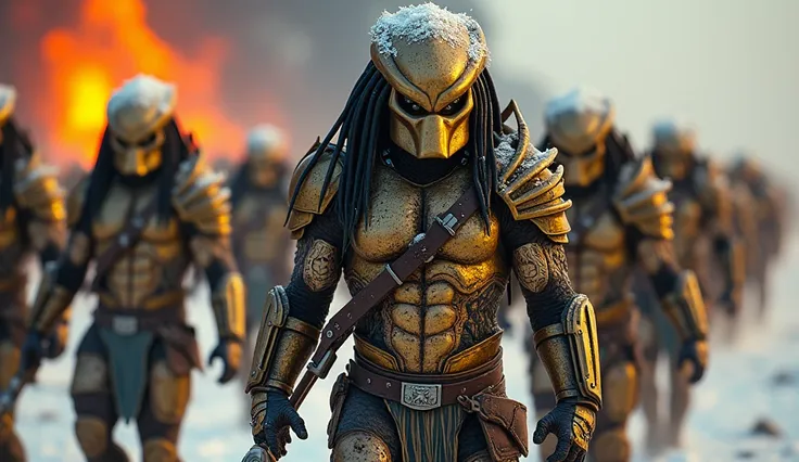 FULL BODY. AN ARMY OF tall MUSCULAR AND STRONG PREDATOR WARRIORS FROM THE MOVIE "PREDATOR" WEARING FULL old golden WARRIOR ARMOUR AND PREDATOR MASK SOME SNOW ON THEIR ARMOURS. HOLDING IDENTICAL PREDATOR ARMS. VERY DETAILED TEXTURE. CINEMATIC LIGHT AND COLO...