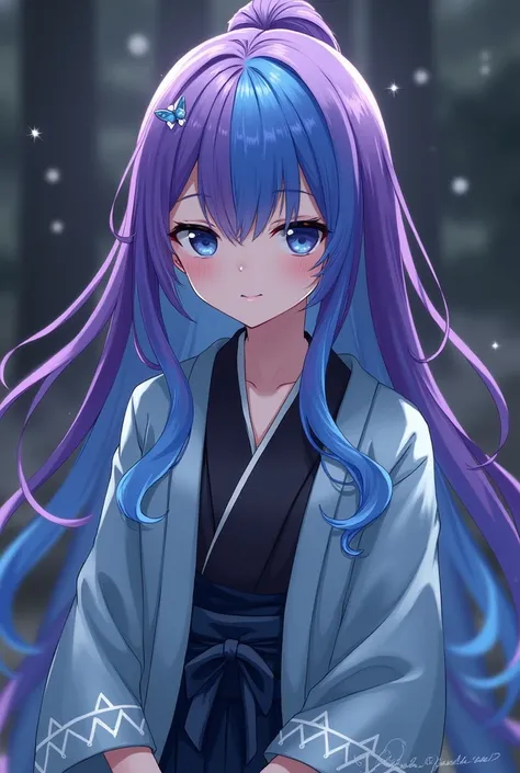  purple long hair that hides the waist　Two-color purple and blue hair 　 turn a section of ones bangs blue blue blue with blue highlights on the bangs　 part of the bangs is light blue 　Dark Eyes　Sharp, Cool Eyes 　Light blue haori coat　Blue coat with white t...