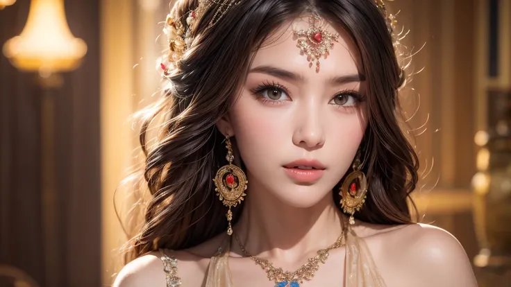 best quality, masterpiece, high resolution, 1 girl, transparent Chinese silk dress, sexy, in a room full of light, beautiful face, hair ornament, looking at the viewer, smile, closed mouth, lips, dress, hair ornament, necklace, jewelry, long hair, earrings...