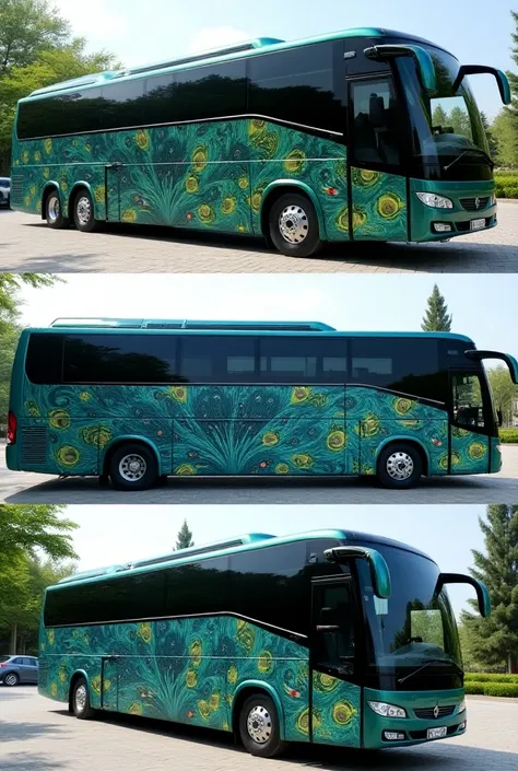 create a vip ac toursit bus in blue and green color texture peacock design pictures drawn in its outer body all angle side view