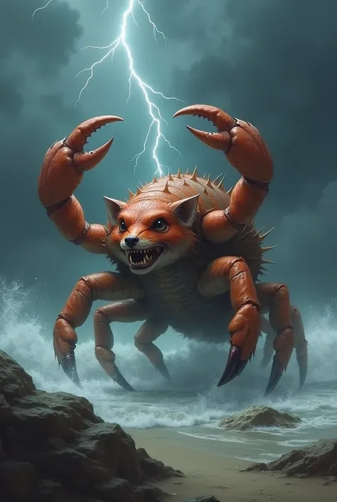 Create a fearsome hybrid creature combining the features of a crab and a fox into a single, monstrous entity. This hybrid should have the agile body and sharp facial features of a fox, with piercing eyes and bared teeth, combined with a tough, armored shel...