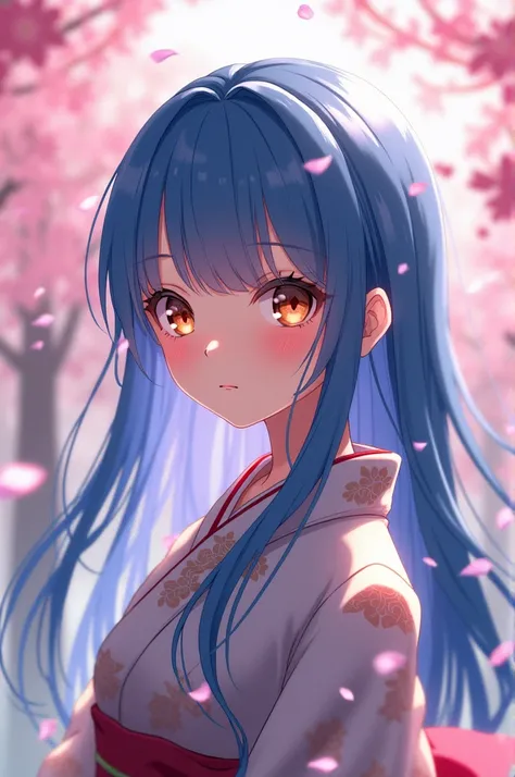 Design a  old girl anime with 
Hair: long straight blue hair
Eyes : bright sparkling brown
Outfit : traditional japsnese kimono
Background: cherry blossom Festival

