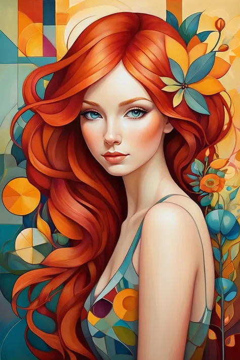  Modern art in the style of Jeremiah Ketner :  a young woman with red-haired hair ,  portrayed in a stylized and abstract form ,  in a vertical composition .  The image is filled with geometric shapes and soft lines ,  with a focus on warm colors such as o...