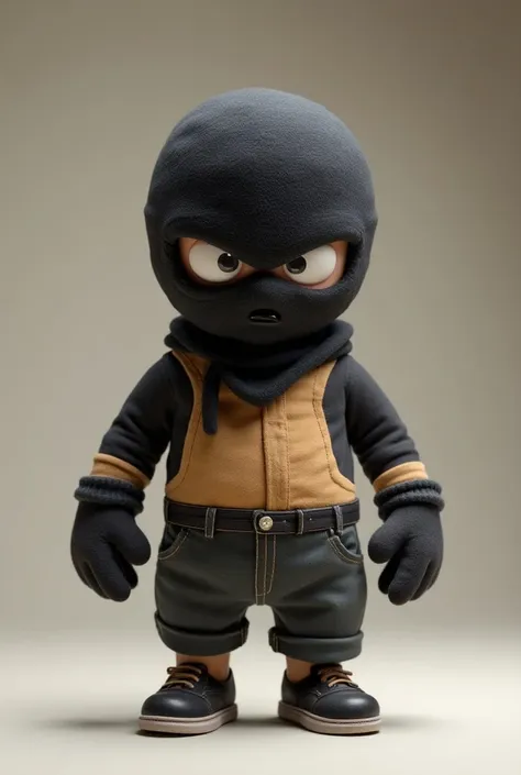 Create an animated mobster plush in shorts with balaclavas a microphone 