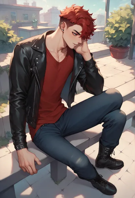 alternative boy, emo boy, bad boy, twink, oval face, red eyes, short and curly hair, red hair, red shirt, black leather jacket, muscular and slim body, black jeans, black boots, outside, following him,