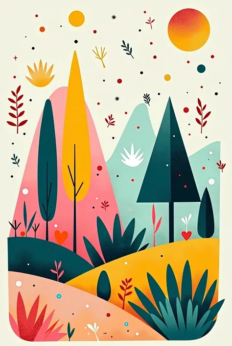  Lisa Larson Style    、 illustration art drawn using shapes 、 pop and cute tree design art   、      Cute Vibes        、     cute pastel-colored illustration of a prairie with pop and bright gradients 、  Imaginary tree with leaves of various shapes 、 broad-...