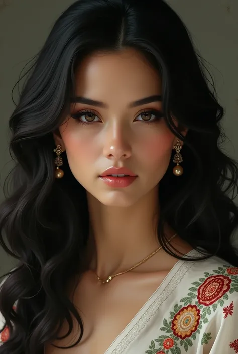 Create a character description inspired by the image of a woman with long, flowing black hair and striking features. She is adorned with elegant earrings and wears a delicate, embroidered top. Describe her personality, background, and aspirations, incorpor...