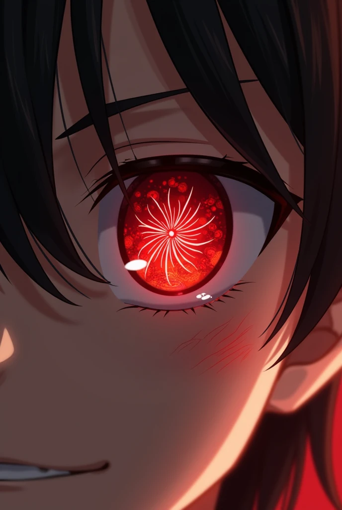 o como un ojo como Si fuera un Mangekyou Sharingan me vaS hacer eSaS imágeneS pero en un ojo y que Se vea la cara oSea la cara no parte del ojo cejaS peStañaS oSea un cuadro de eSa parte del ojo dónde vaS a poner el ojo rojo que te proporcione y no le haga...