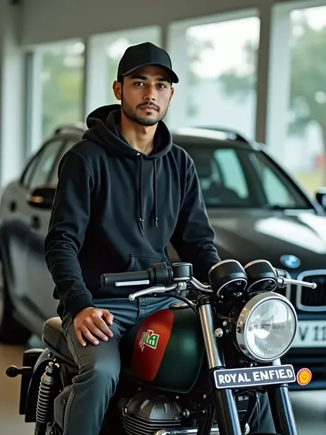 A decent boy.  The boy is 20 years old. The boy is sitting on the Royal Infield bike.  The boy will be slim smart. The boy will wear a black hoody, a cap, pants and plain blue boat shoes.  The bike will have a small Bangladeshi flag sticker on the fuel tan...